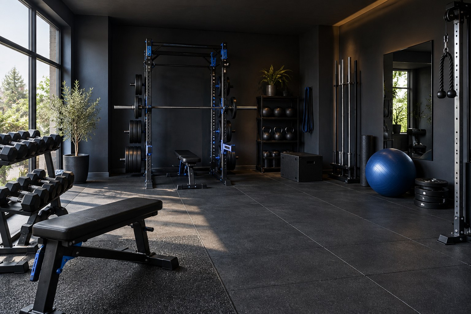 Sala de entrenamiento conceptual con pesas y luz natural